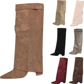 Generic Fold Over Boots for Womens Pointed Toe Knee High Boots with Side Zippers Ladies Suede Chunky High Heels Shoes Fall Winter Slouchy Pull on Tall Boot fo