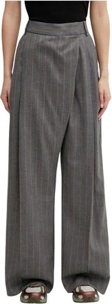 Ganni Broeken, Dames, Grijs, S, Wol, Gestreepte broek van geborsteld wol met middelhoge taille