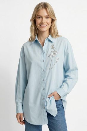 Exquise Bernetta Shirt Collar Long Sleeve Embroidered Shirt in Blue at Nordstrom, Size X-Large