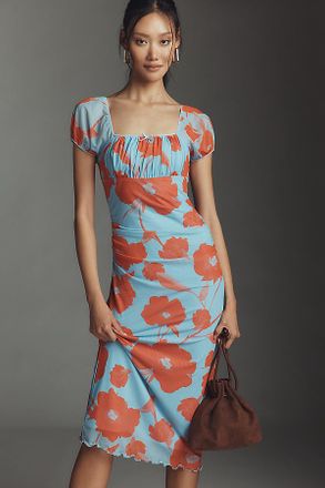 Maeve Puff-Sleeve Square-Neck Mesh Midi Dress