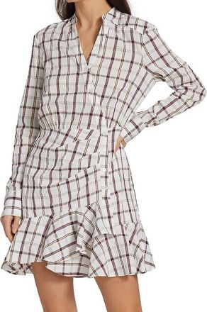 Veronica Beard Sherry Long Sleeve Pleated Skirt Ruffle Trim Shirt Dress In White/multi