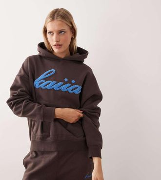 KAIIA Esclusiva Kaiia - Felpa con cappuccio oversize in pile borg misto cotone blu e color cioccolato con logo in coordinato-Marrone