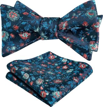 Alizeal Mens Floral Printed Self Tied Bow Tie Classic Colorful Wedding Party Bow Tie with Pocket Square Set, Teal Blue+Coral