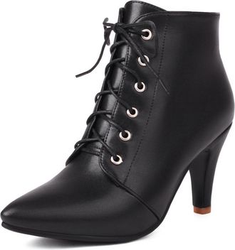 Generic Womens Ankle Boots Faux Leather Lace-Up Pointed Toe Stiletto Heels Metal Eyelets Slim Fit Soft Inner Lining Durable Non-Slip Outsole Sleek Design,Blac