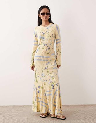 Asos Vestito lungo con scollo rotondo giallo a fiori-Multicolore