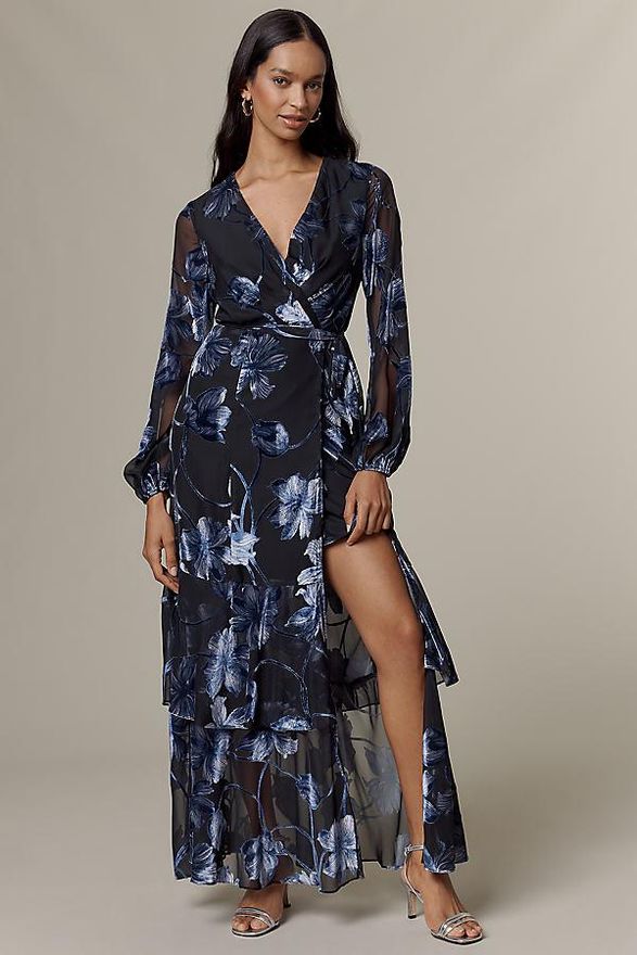 Long-Sleeve V-Neck Wrap Midi Dress