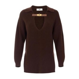 Elisabetta Franchi V-neck Knitwear, female, Brown, Size: S Knit Sweater with Buckle Detail