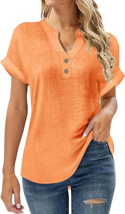 Generic Womens Cotton Linen Shirts UK 2026 Spring Summer Short Sleeve Tops Casual Button V Neck Henley Tee Dressy Comfy Solid Color Loose Fit Blouse Going Out