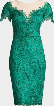 Tadashi Shoji Leaf-Embroidered Bodycon Illusion Dress