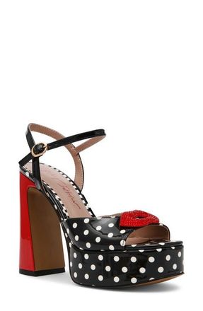 Betsey Johnson Allyson Ankle Strap Platform Sandal in White/Black Polka Dot at Nordstrom, Size 9