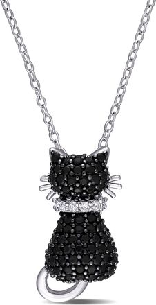 Mimi & Max Black Spinel and Created White Sapphire Kitty Cat Necklace in Sterling Silver
