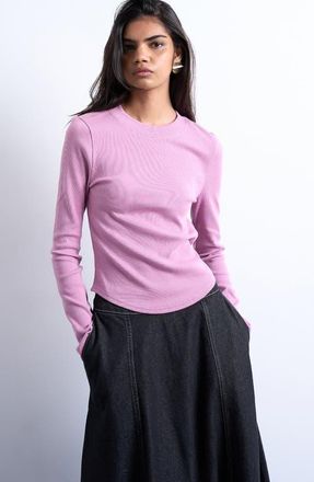 Topshop Long Sleeve Curve Hem Rib Top in Pink at Nordstrom, Size X-Small