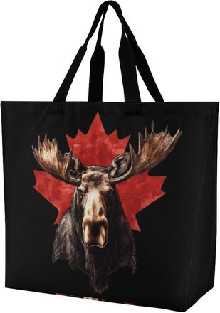 Generic Moose with Canada Flag Tote Bag Reusable Grocery Shopping Bags Large Travel One Shoulder Handbag for Picnic Work