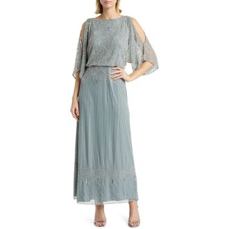 Pisarro Nights Beaded Cold Shoulder Blouson Cocktail Dress in Teal at Nordstrom Rack, Size 10