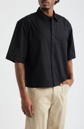 Topman Crop Short Sleeve Cotton Poplin Button-Up Shirt in Black at Nordstrom, Size Xx-Large