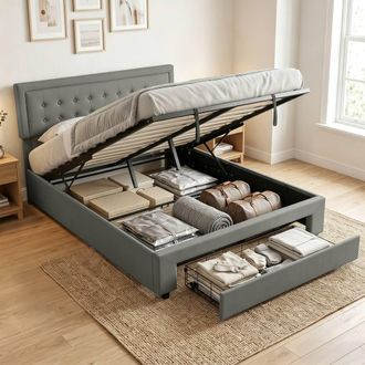HOMCOM PU Leather King Bed Frame with Storage & Adjustable Headboard, Grey