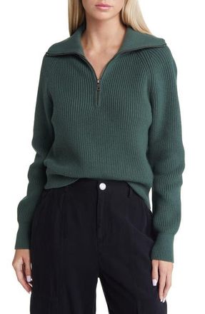 Open Edit Half Zip Cotton Blend Rib Sweater in Green Cilantro at Nordstrom, Size Medium