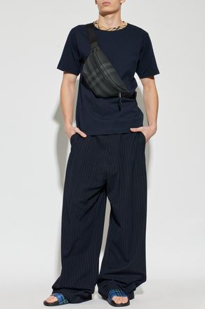 Burberry T-shirt With Checked Trim, Mens, Navy Blue