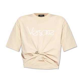 Versace T-Shirts, female, Beige, Size: XS T-shirt with decorative safety pin