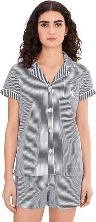 Lauren Ralph Lauren Knit Short Sleeve Notch Collar Boxer Pajama Set Womens Pajama Sets Navy Stripe : LG (US 12-14), Cotton