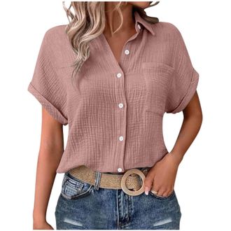 Generic Womens Short Sleeve Shirts UK Summer Solid Color Button Down Collared Tops 2025 Fashion Lightweight Loose Fit Blouse Dressy Casual Going Out T-Shirt L