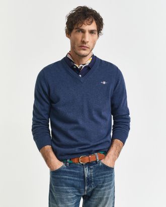 GANT Men Classic Cotton V-Neck Sweater (4XL) DK JEANSBLUE MELANGE