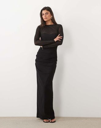 Tfnc Plus vestito lungo maxi in jersey con sovrapposizione in rete nero