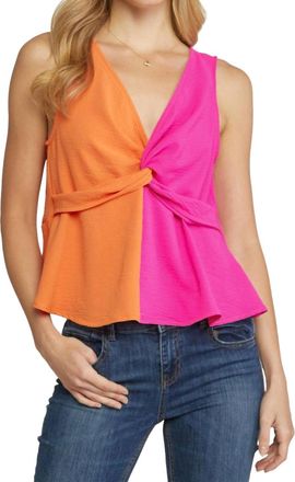 Entro Twist Front Color Block Top In Orange/pink