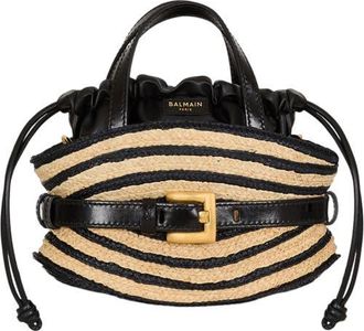 Balmain Mini Shuffle bag in smooth leather and raffia in Beige at Nordstrom