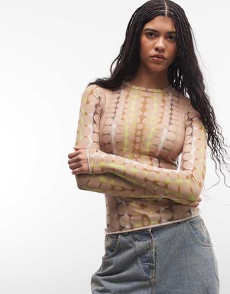 AFRM Kaylee - Top girocollo a maniche lunghe in rete beige a pois tono su tono-Verde