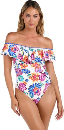 La Blanca Off Shoulder Ruffle One Piece Swimsuit, Multi//Flor De Paradiso, 14