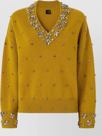 Pinko wool cashmere crystal embellished v-neck long-sleeve sweater