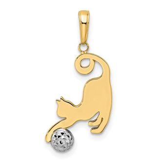 Diamond2Deal 14k Yellow Gold White Rhodium Diamond-cut Cat Ball Pendant