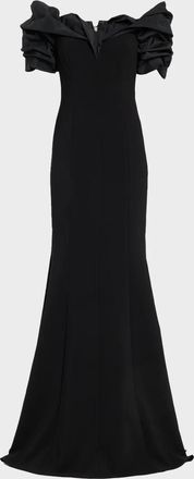 Teri Jon Taffeta-Trim Crepe Mermaid Gown