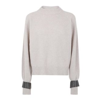 Brunello Cucinelli Ribbed Mock Neck Jumper with Embellished Cuffs - female - Brunello Cucinelli - Cashmere Knitwear - Beige - XS - Knitwear