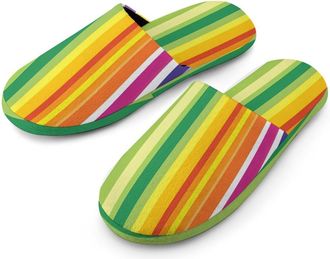 Generic Rainbow Stripes Colorful Flannel Mens Slip-on Slippers Winter Warm House Shoes with Rubber Sole for Home Hotel