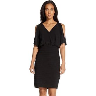 Adrianna Papell Dress Black Beaded Pintuck Cold Shoulder V-Neck JZZ170
