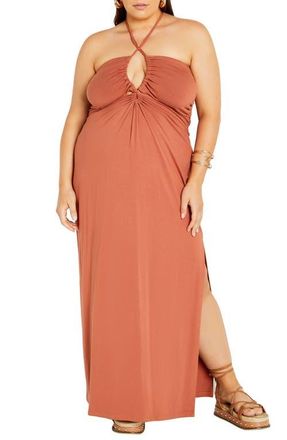 City Chic Miley Halter Midi Dress in Tan at Nordstrom
