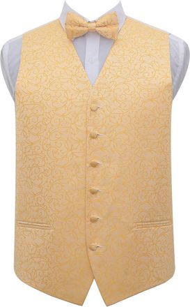 DQT Premium Woven Jacquard Swirl Gold Mens Wedding Waistcoat Vest and Pre-tied Bow Tie 2 pc. Matching Set - 46