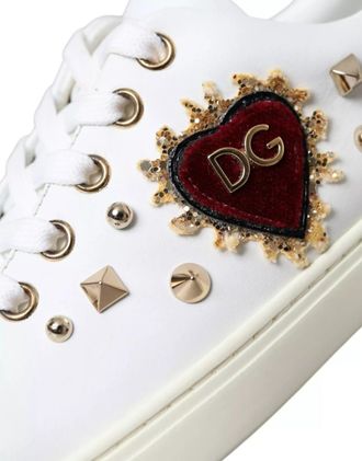 Dolce & Gabbana Womens White Leather Gold Red Heart Sneakers Shoes Calf