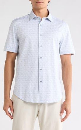 Bugatchi Printed Short Sleeve Shirt in Air Blue at Nordstrom Rack, Size Xxx-Large