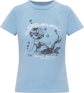 Ganni Uitzonderlijk T-shirt met Print - Dames - T-shirts - Blauw - S - Katoen - Tops