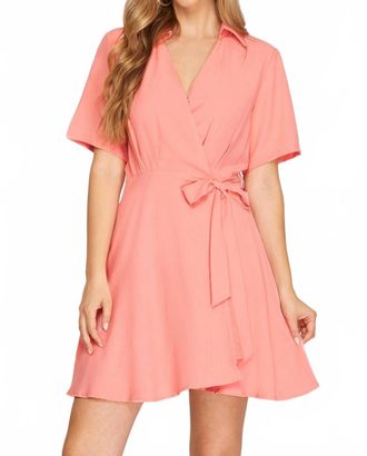 She + Sky Short Sleeve Wrap Dress With Front Side Tie In Coral Pink