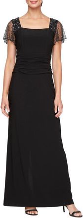 S.L. Fashions Ruched Beaded Flutter Sleeve Column Gown in Black at Nordstrom, Size 16