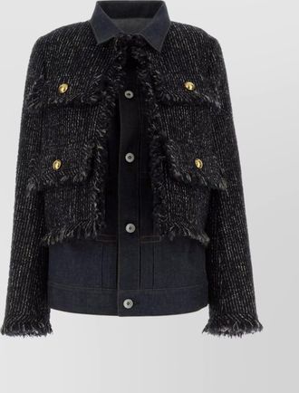 sacai denim jacket featuring frayed edges and pockets