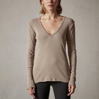 James Perse Deep V Long Sleeve Rib Top In Fawn