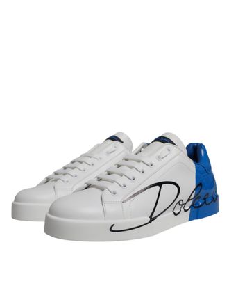 Dolce & Gabbana Mens White Blue Leather Logo Low Top Sneakers Shoes And Calf