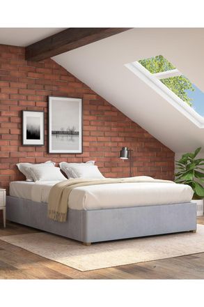 Aspire Home Accents Upholstered Platform Ottoman Bed Frame in Plush Velvet Fabric in Light Grey | Size: Double