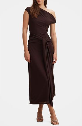 Ever New Piper Draped One-Shoulder Midi Dress in Chocolate at Nordstrom, Size 14