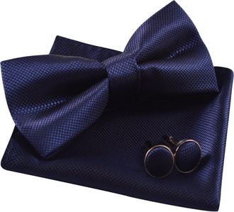 Alizeal Solid Pre-tied Bow Tie Cufflinks Hanky Set for Men Neck Wear, Dark Navy